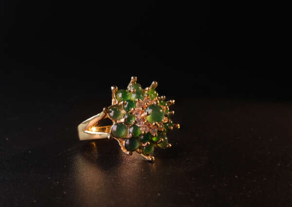 Radiant Cluster Ring – Certified Type-A Burmese Jadeite Cabochons in Gold-Tone Alloy MANDALAY GEM LAB REPORT