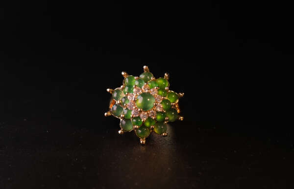 Radiant Cluster Ring – Certified Type-A Burmese Jadeite Cabochons in Gold-Tone Alloy MANDALAY GEM LAB REPORT