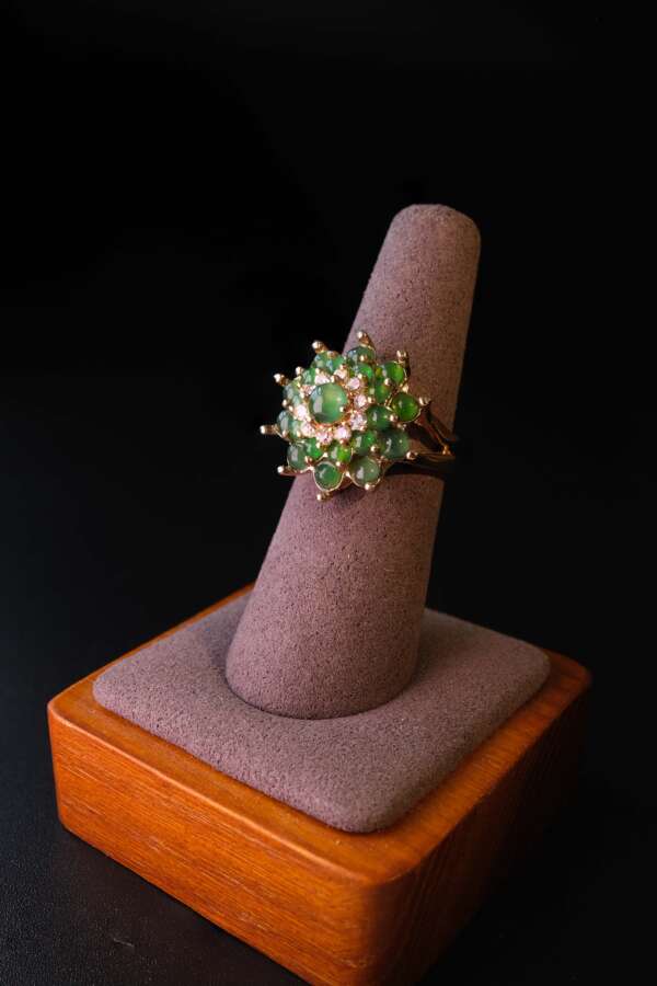 Radiant Cluster Ring – Certified Type-A Burmese Jadeite Cabochons in Gold-Tone Alloy MANDALAY GEM LAB REPORT