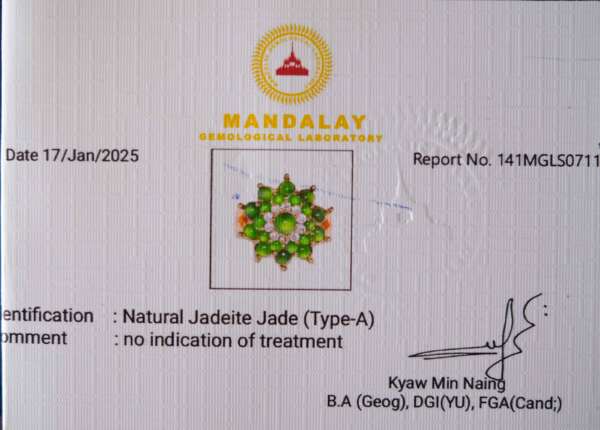 Radiant Cluster Ring – Certified Type-A Burmese Jadeite Cabochons in Gold-Tone Alloy MANDALAY GEM LAB REPORT