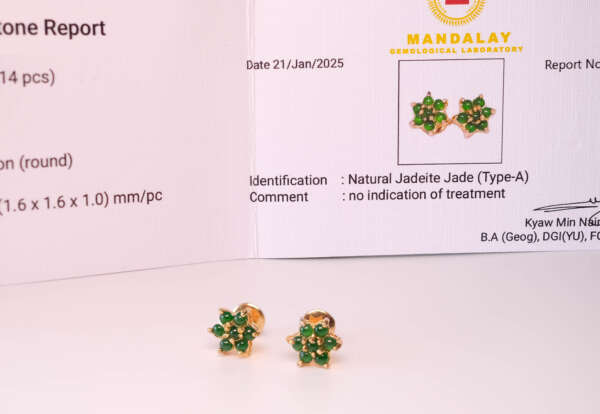 Floral Bloom Earrings – Type-A Natural Burmese Jadeite in Gold-Tone Alloy (Certified)