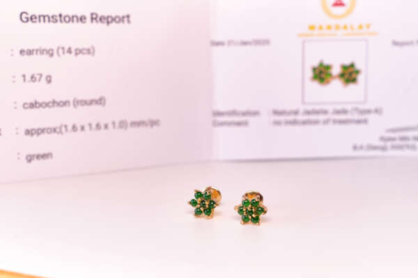 Floral Bloom Earrings – Type-A Natural Burmese Jadeite in Gold-Tone Alloy (Certified)