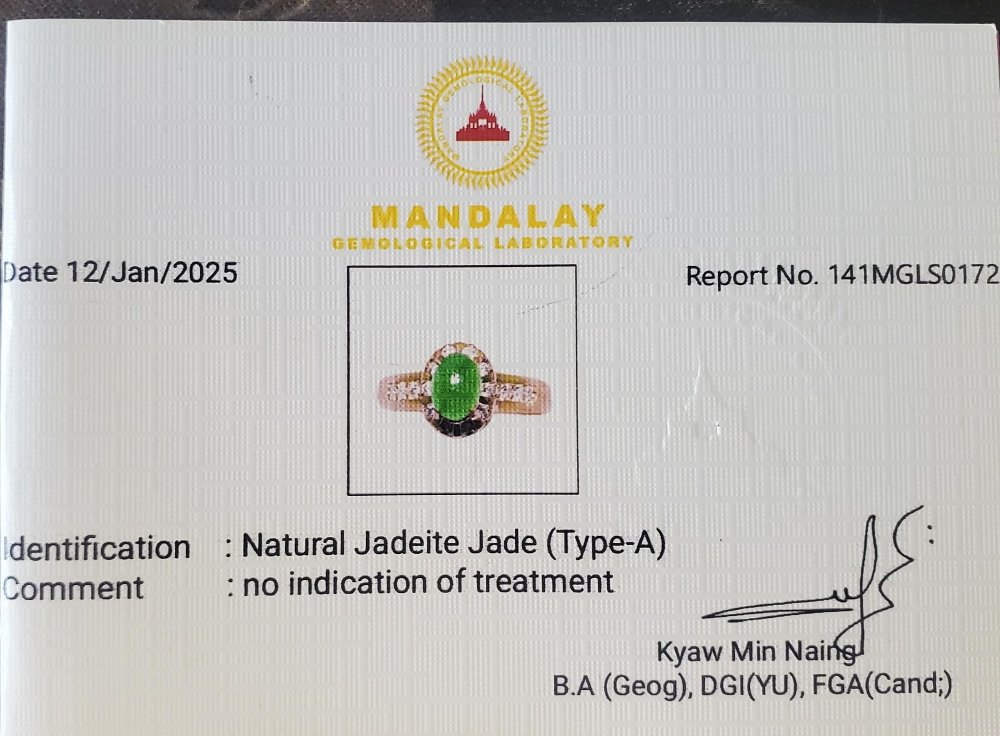 Mandalay Gemological Laboratory certificate for vivid green Type-A jadeite jade ring, report 141MGLS0172, size 5