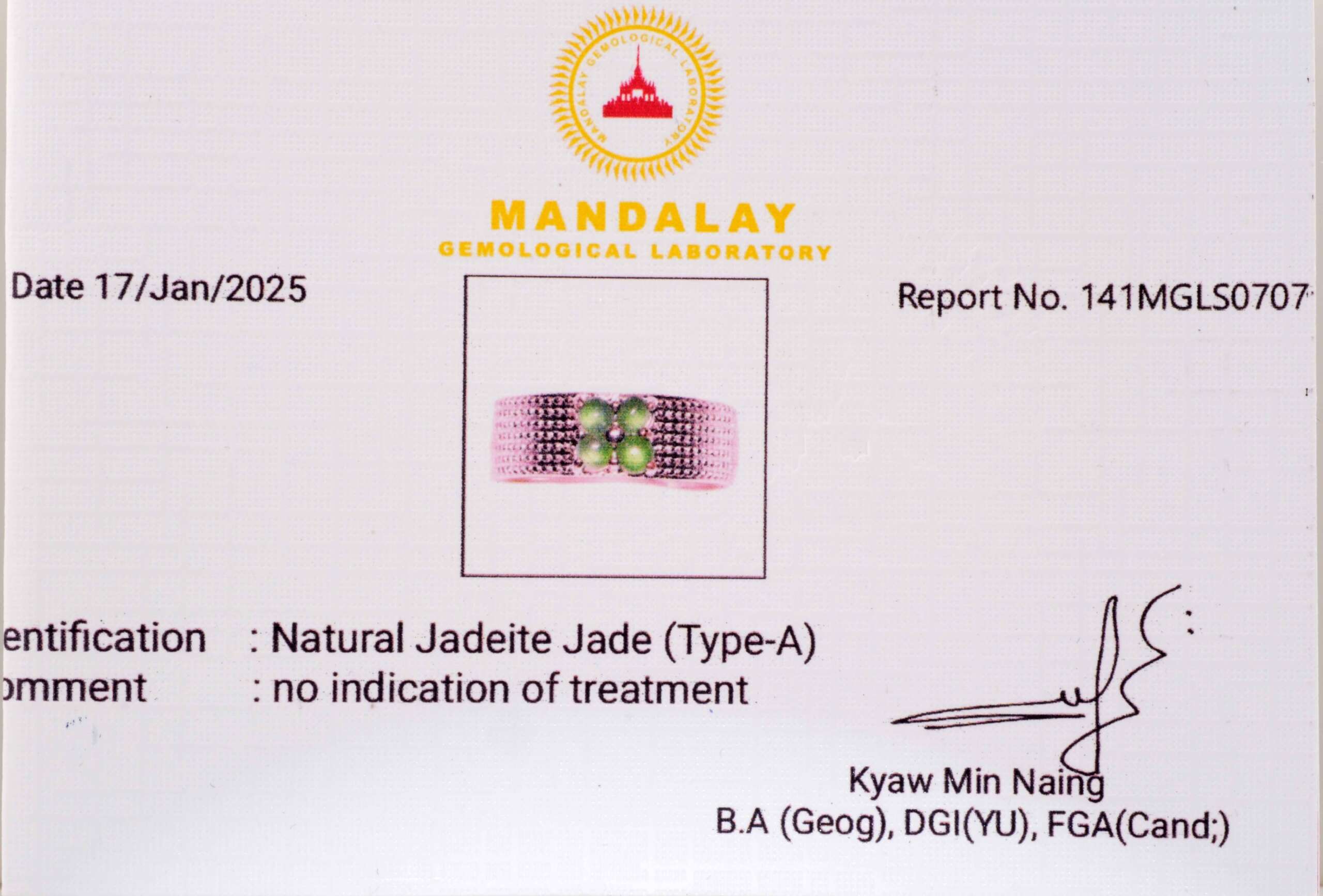 Front page of Mandalay Gemological Laboratory certificate for a men’s jadeite ring, showing identification as Natural Type-A Jadeite Jade with no indication of treatment