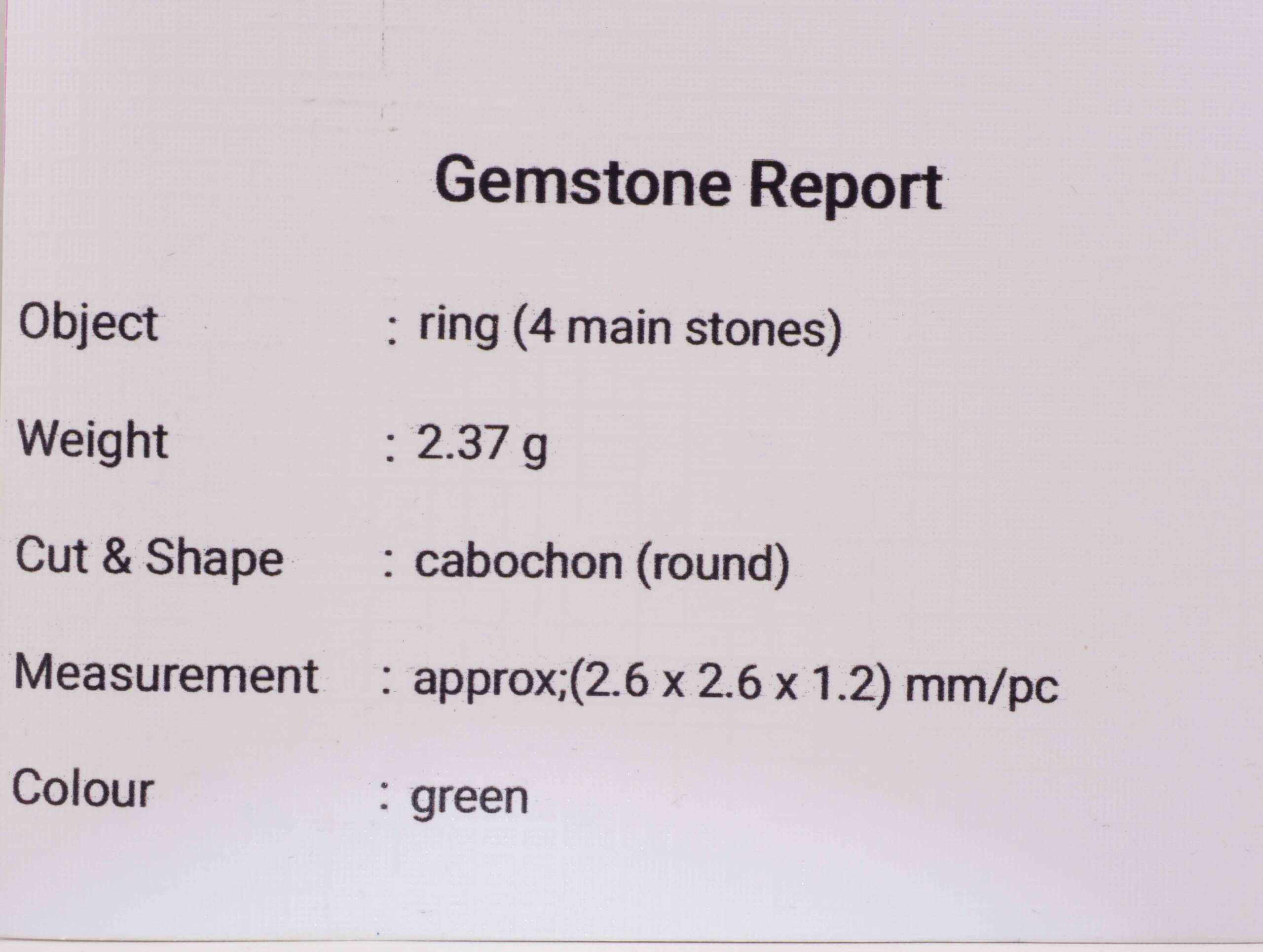 Gemstone report listing four green jade cabochon stones, 2.6 mm each, 2.37 g total weight, round cabochon cut.
