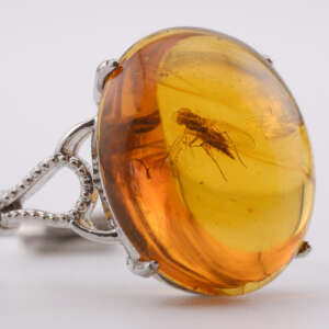 Side angled view of natural Burmese amber cabochon mounted in silver-tone filigree ring