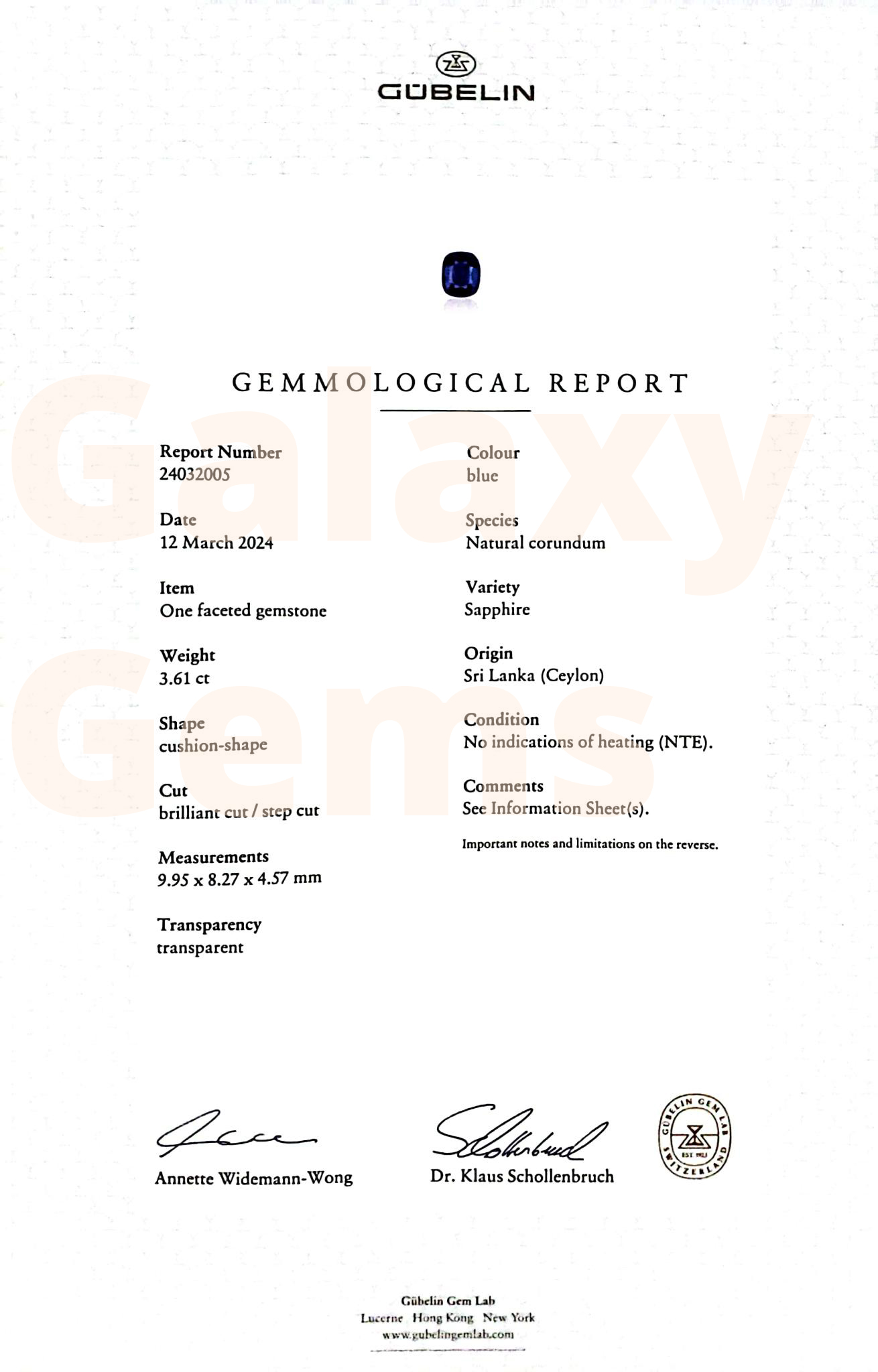 Gübelin Gem Lab report for 3.61 ct unheated blue sapphire from Sri Lanka — GalaxyGems