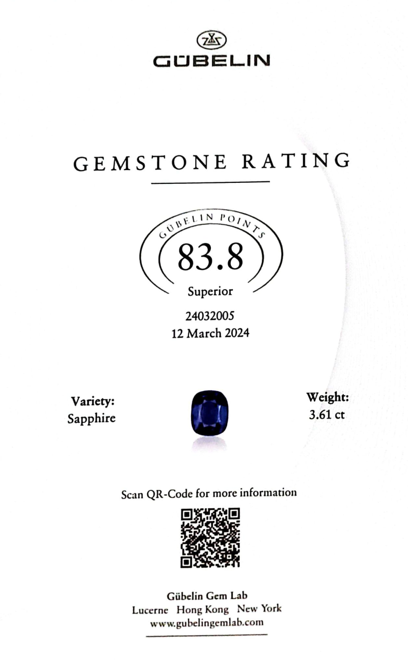 Gübelin Gemstone Rating 83.8 Superior — Certification card for 3.61 ct sapphire