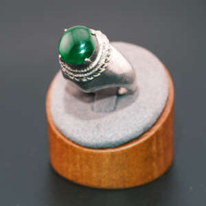 Imperial Myanmar jadeite cabochon ring featuring deep green Hpakant jade set in a mixed alloy mounting, size 8