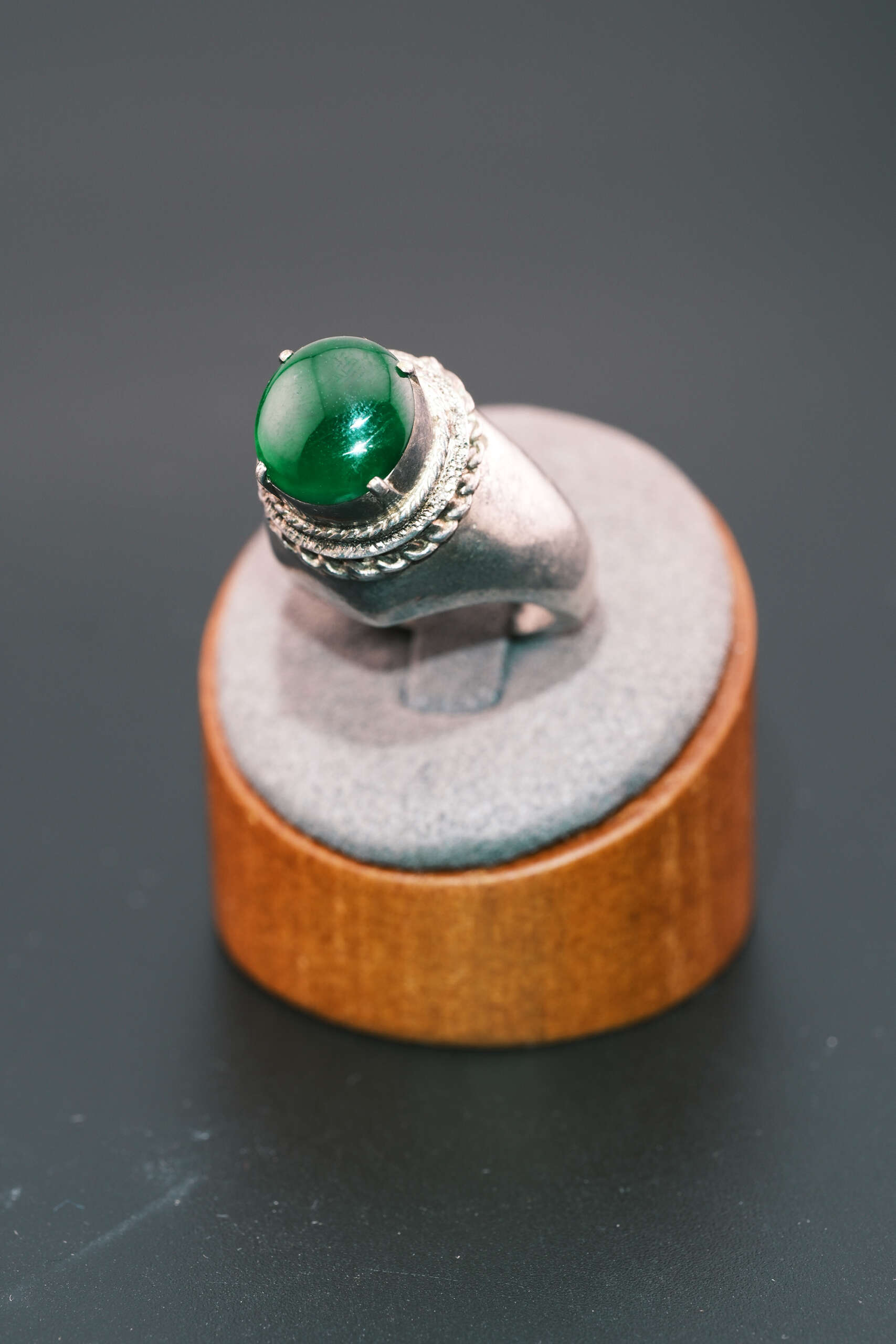 Imperial Myanmar jadeite cabochon ring featuring deep green Hpakant jade set in a mixed alloy mounting, size 8